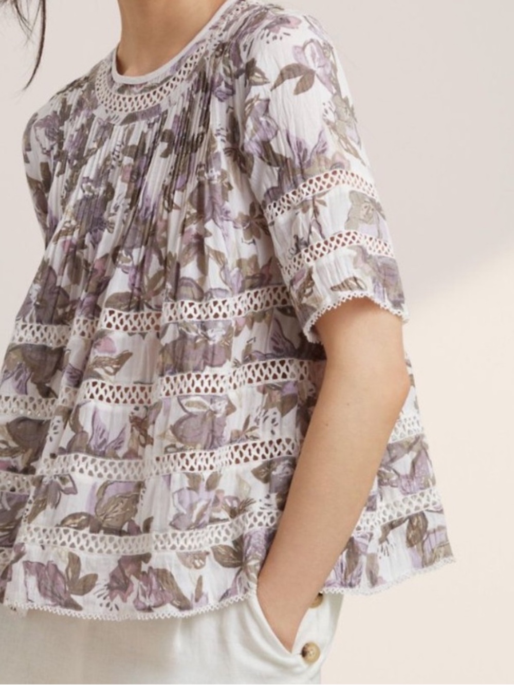 WILFRED Cream Purple Floral Beaudry Embroidered Short Sleeve Blouse